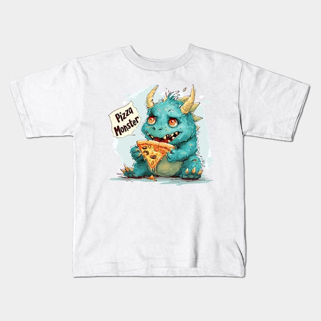 Cute Pizza Eating Monster Kids T-Shirt by Obotan Mmienu